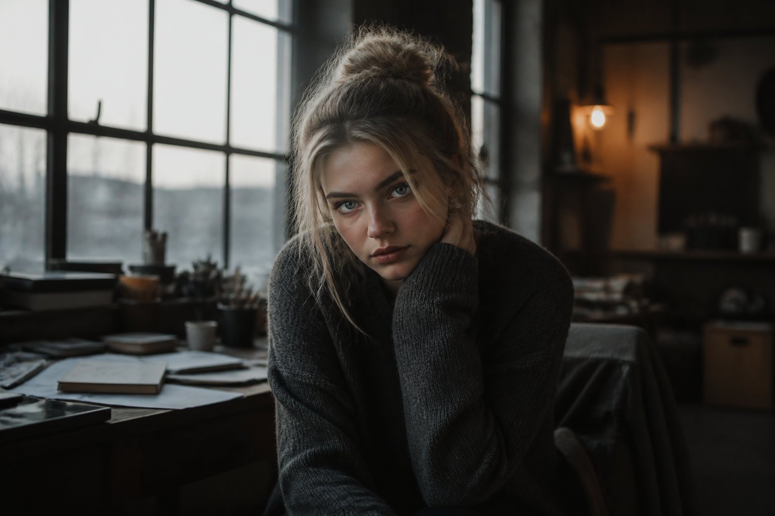 Jeune femme pensive assise près d'une grande fenêtre d'atelier, main contre la joue, lumière douce du soir, exemple de scène décrite dans un prompt