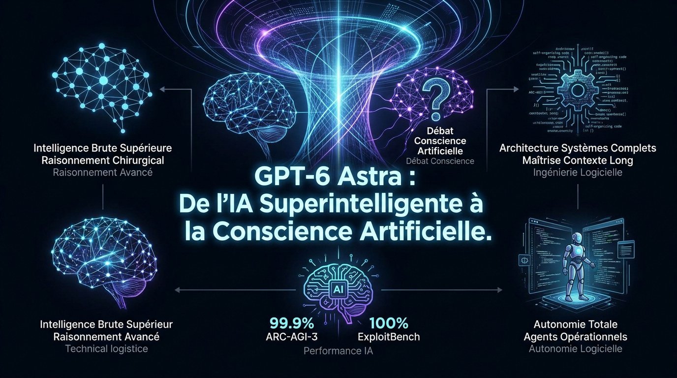 GPT-6 Astra d’OpenAI : superintelligence et conscience 1 Représentation conceptuelle de l'IA superintelligente GPT-6 Astra et de la conscience artificielle