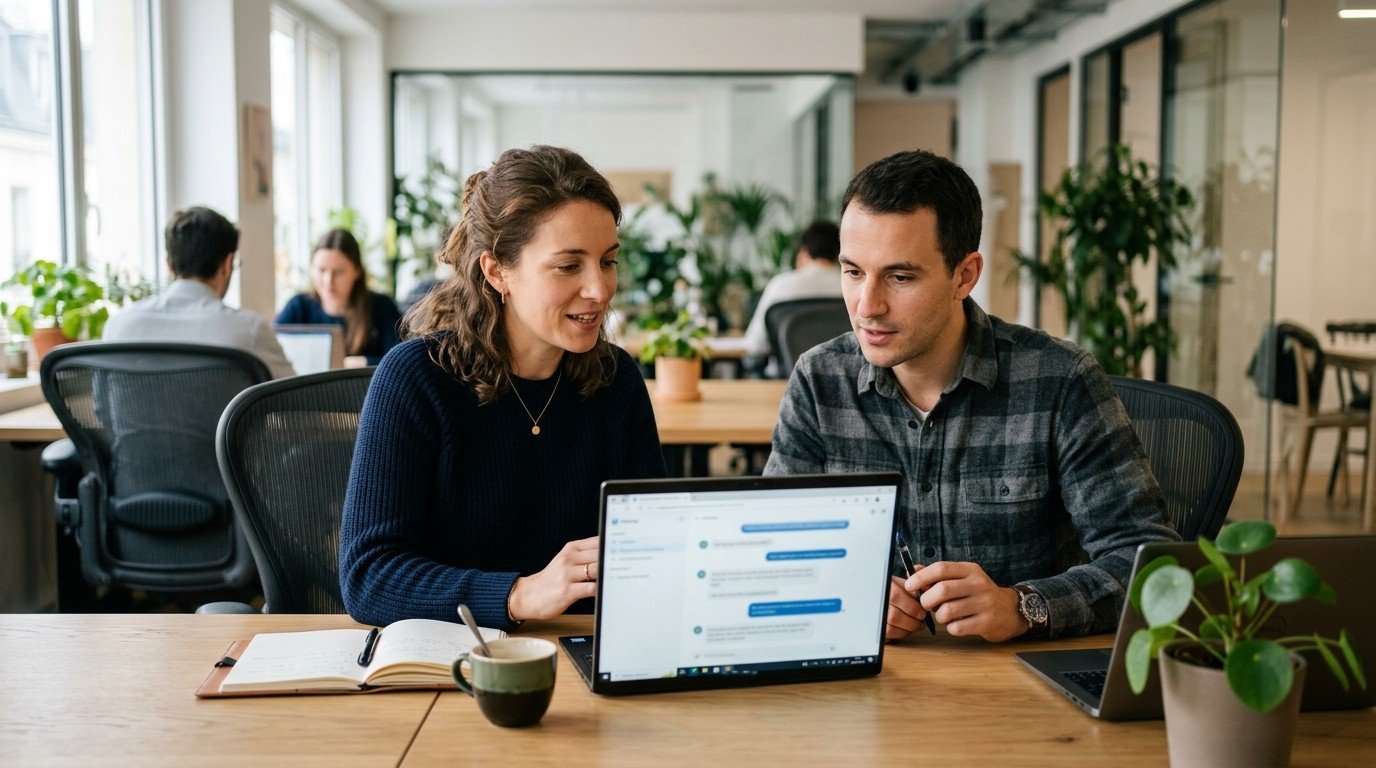 Peut-on utiliser l’IA au travail sans risque ? 1 Deux collègues relisent ensemble la réponse d’un assistant d’IA au travail, sur un ordinateur portable dans un open space