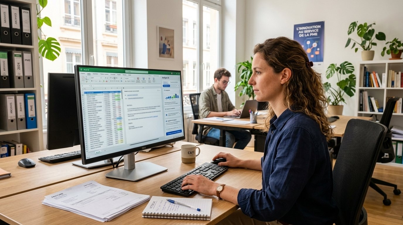 IA bureautique en PME : un tableur et un brouillon de mail ouverts avec le panneau de l’assistant, dans un petit bureau