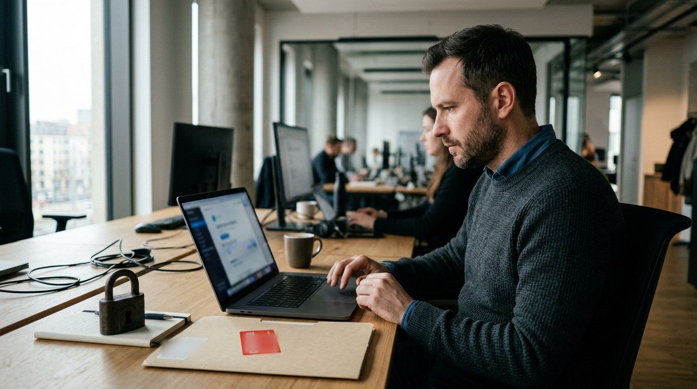 Quelle IA protège les données sensibles ? 1 IA et données sensibles : un salarié s’apprête à confier un dossier confidentiel à un assistant IA sur son ordinateur portable
