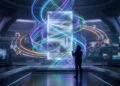 Sora OpenAI date de sortie : ce que nous savons sur l'IA vidéo 11 Une personne face à un portail numérique holographique interactif représentant la technologie vidéo IA de Sora.