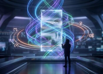 Une personne face à un portail numérique holographique interactif représentant la technologie vidéo IA de Sora.