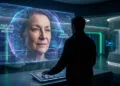 Runway Gen-3 test : les limites de la vidéo par IA repoussées 10 Un homme interagit avec une interface holographique affichant un visage humain ultra-réaliste dans un laboratoire futuriste.