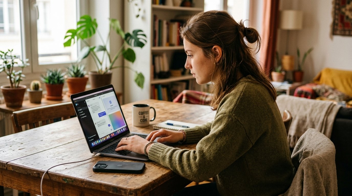 IA gratuite : plusieurs assistants ouverts dans un navigateur sur une table de cuisine, sans abonnement