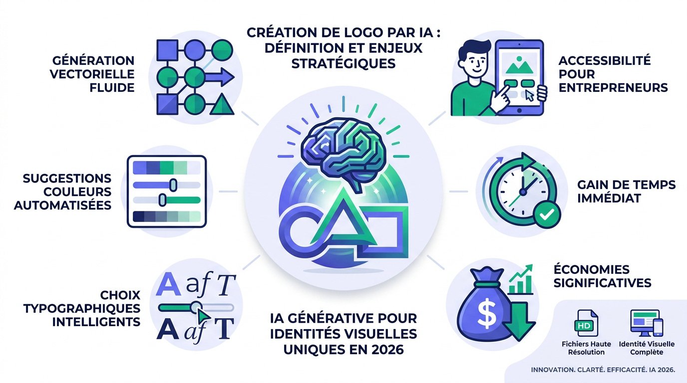 Représentation technologique de la création de logo par intelligence artificielle en 2026