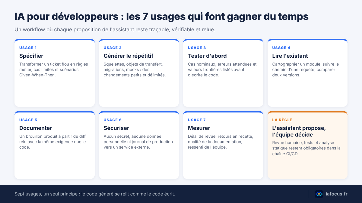 IA pour développeurs : les 7 usages qui font gagner du temps, de la spécification à la mesure