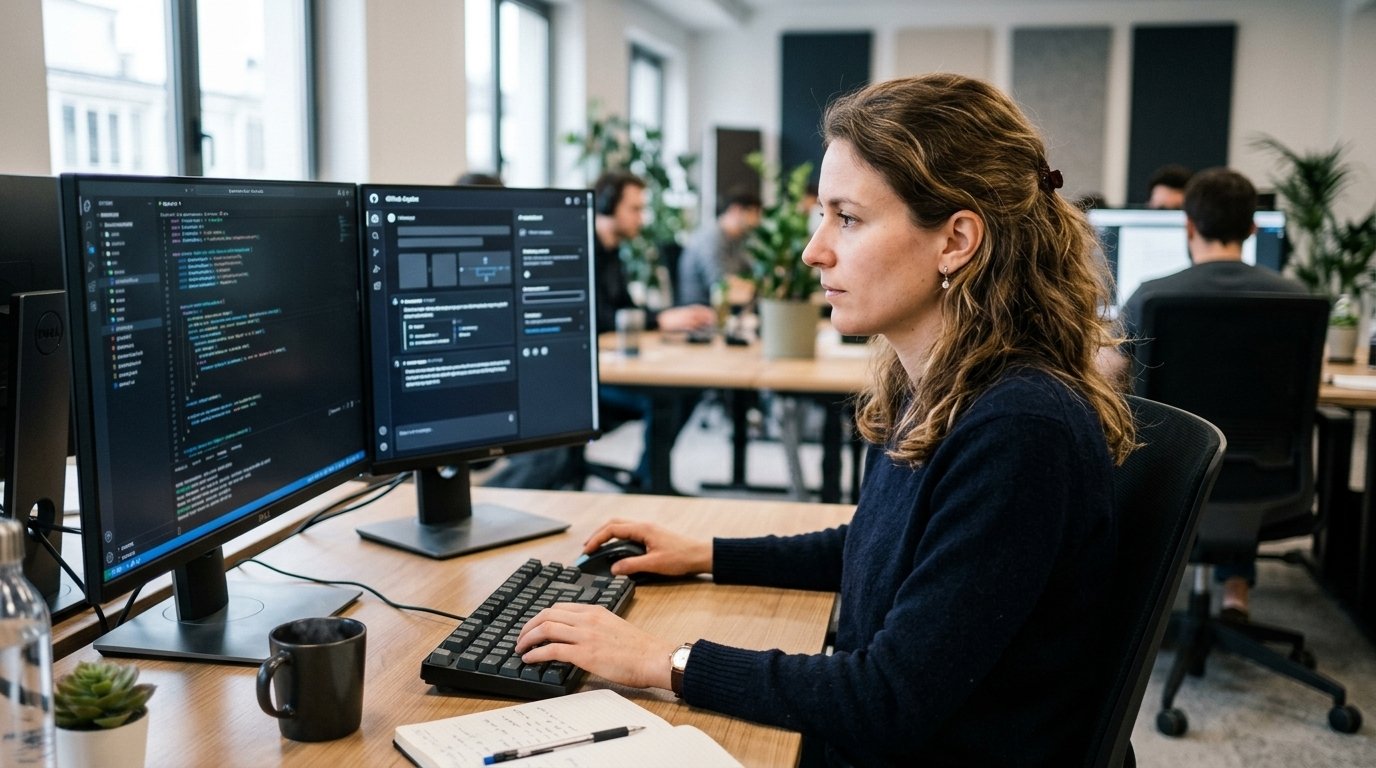 IA pour développeurs : une développeuse relit les suggestions d’un assistant de code dans son éditeur