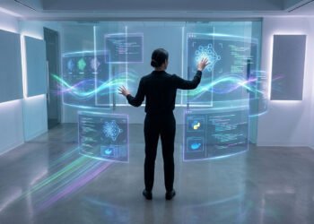Une personne interagit avec une interface holographique affichant du code et des réseaux de neurones dans un bureau.