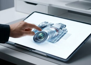 Une main utilisant une tablette tactile pour éditer une image 3D d'un appareil photo numérique.