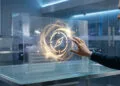 IA pour créer un logo : les outils pour un design professionnel 6 Un homme interagit avec un hologramme de boussole sur un écran tactile transparent dans un bureau moderne.