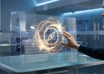 Un homme interagit avec un hologramme de boussole sur un écran tactile transparent dans un bureau moderne.