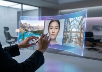 Personne utilisant un écran holographique incurvé pour manipuler des images réalistes avec un stylet.