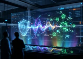 Deux personnes observent une interface holographique futuriste représentant la cybersécurité et des réseaux de données.