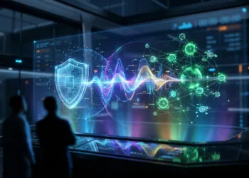 Deux personnes observent une interface holographique futuriste représentant la cybersécurité et des réseaux de données.