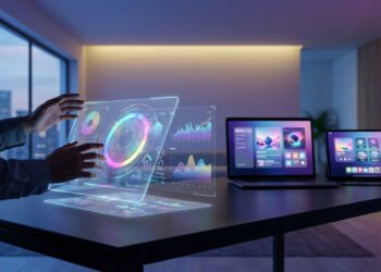 Une personne manipule des interfaces graphiques holographiques sur un bureau avec un ordinateur et une tablette.
