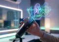 Générateur de voix IA : les outils les plus naturels 40 Une main tient un microphone dans un studio avec une visualisation 3D stylisée d'ondes sonores et de visages humains.