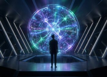 Une personne debout face à une sphère lumineuse représentant un réseau de neurones artificiels dans un cadre futuriste.