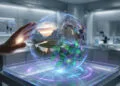 Flux AI avis : le nouveau modèle d'image qui défie Midjourney 8 Une main interagit avec un hologramme 3D représentant un dragon et un paysage montagneux dans un laboratoire futuriste.