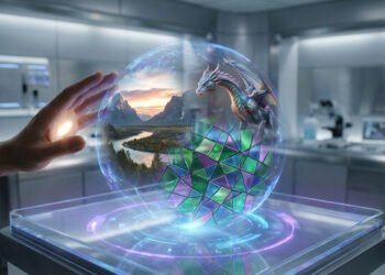 Flux AI avis : le nouveau modèle d'image qui défie Midjourney 5 Une main interagit avec un hologramme 3D représentant un dragon et un paysage montagneux dans un laboratoire futuriste.