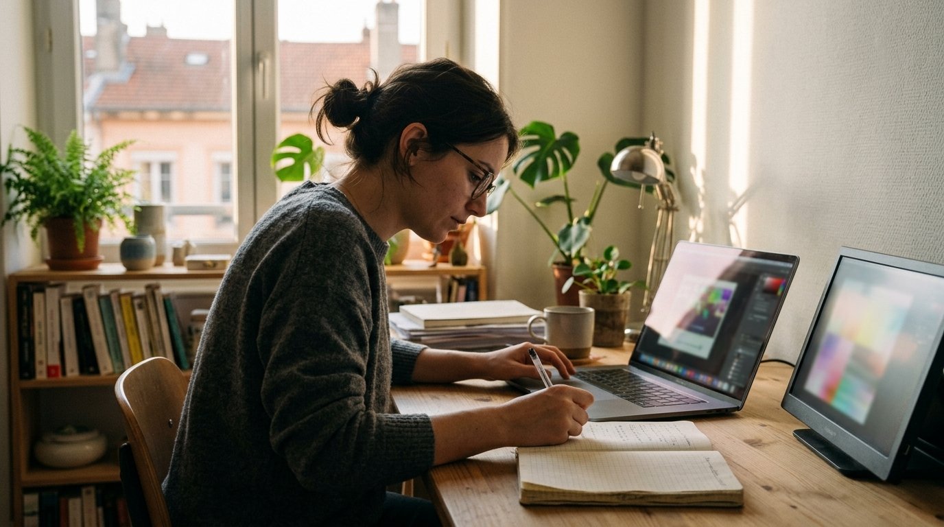 Meilleurs outils IA : la sélection essentielle de 2026 2 Une créative indépendante compare des outils IA sur son ordinateur portable