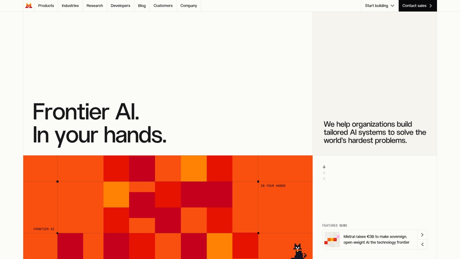 Comment créer un agent IA personnalisé sans savoir coder 3 Page d'accueil du site de Mistral AI, avec le slogan Frontier AI. In your hands.