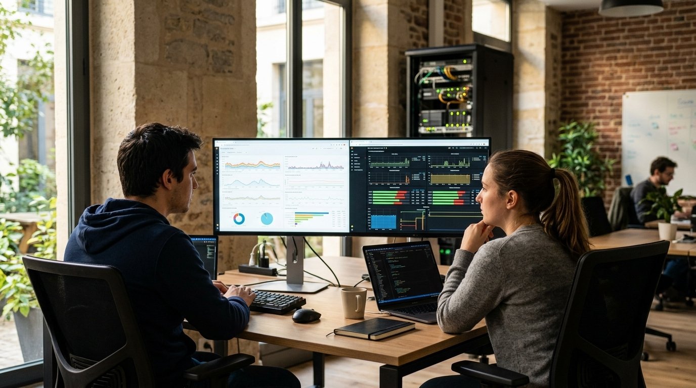 Modèles ouverts ou propriétaires : une équipe compare un tableau de bord d’API cloud et la supervision d’un serveur GPU local