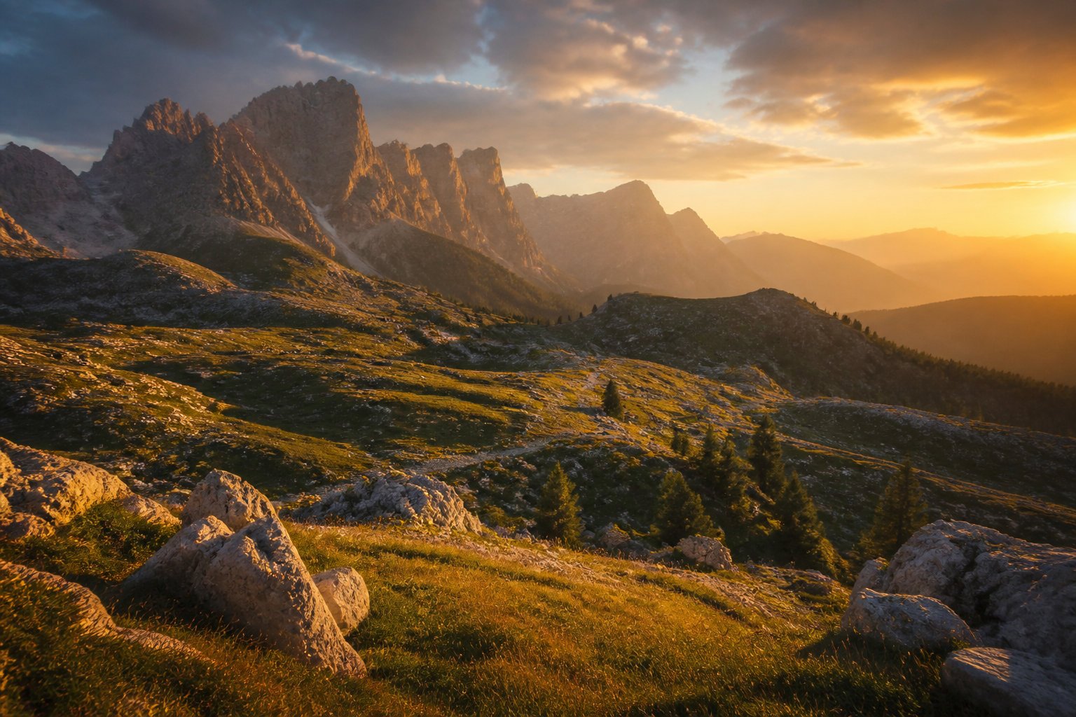 Midjourney images réalistes : coucher de soleil sur une crête de montagne, rendu au 85 mm
