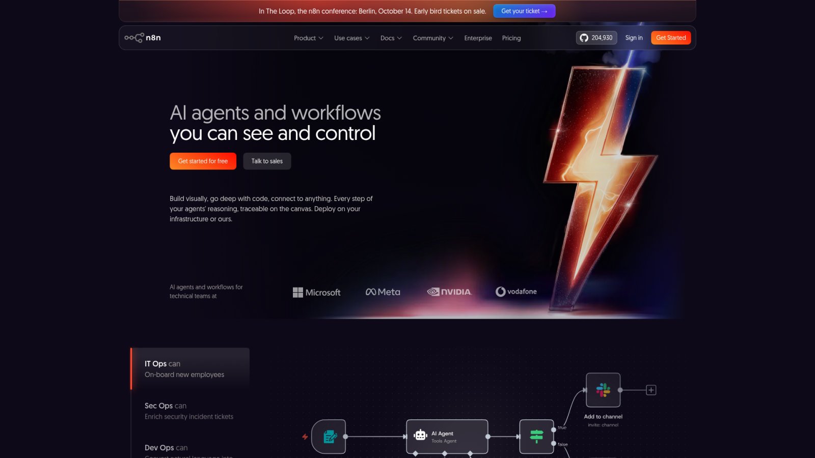 Comment créer un agent IA personnalisé sans savoir coder 4 Page d'accueil de n8n consacrée aux agents IA et aux workflows, avec un nœud AI Agent relié à d'autres services