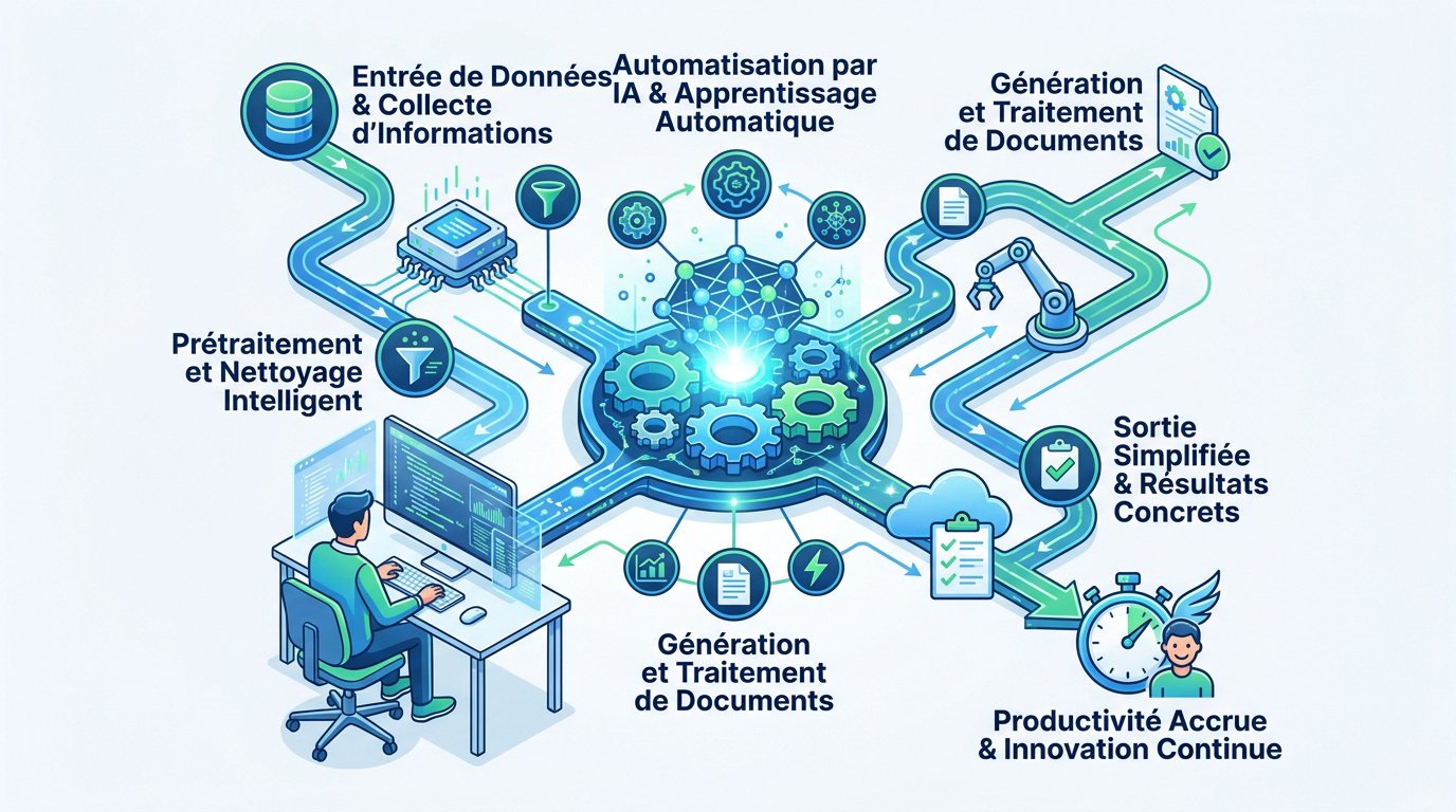Comment automatiser son workflow avec l'IA pour gagner du temps 1 Automatiser son workflow avec l'IA : schéma d'un flux, de la collecte des données à la sortie