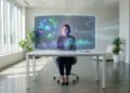 Une femme assise à un bureau interagissant avec une interface numérique holographique futuriste affichant des données IA.