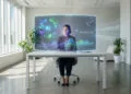 Une femme assise à un bureau interagissant avec une interface numérique holographique futuriste affichant des données IA.