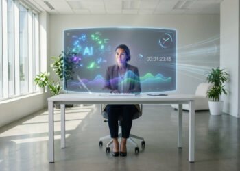 Une femme assise à un bureau interagissant avec une interface numérique holographique futuriste affichant des données IA.