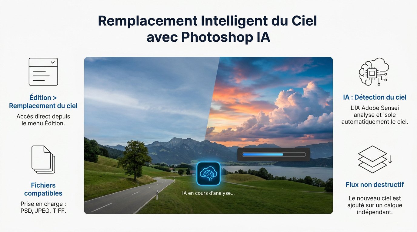 Interface du remplacement de ciel Photoshop par l'IA Adobe Firefly, avec le panneau de sélection