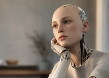 Robot humanoïde à structure articulée debout dans un laboratoire de recherche