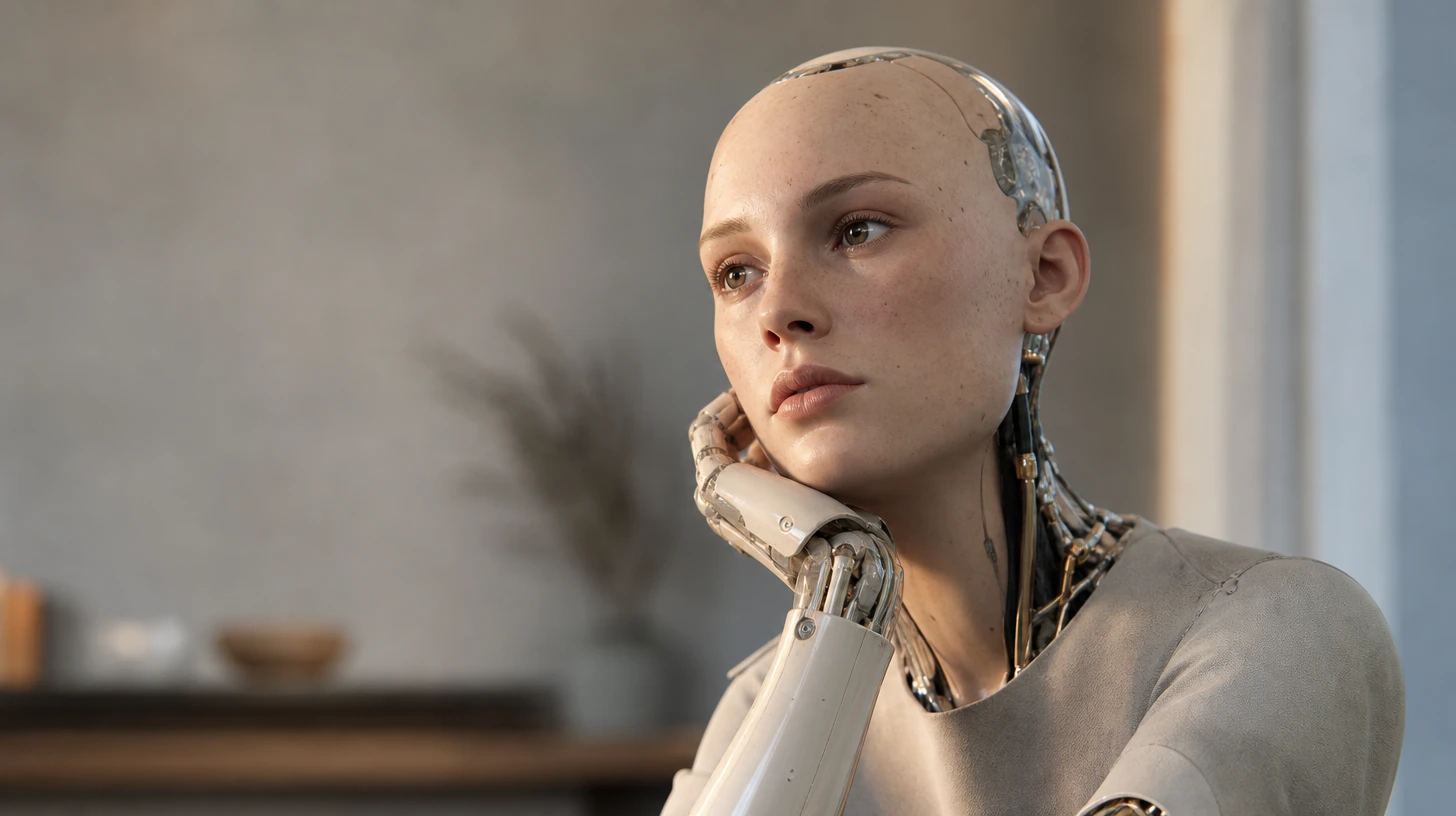 Robot humanoïde à structure articulée debout dans un laboratoire de recherche