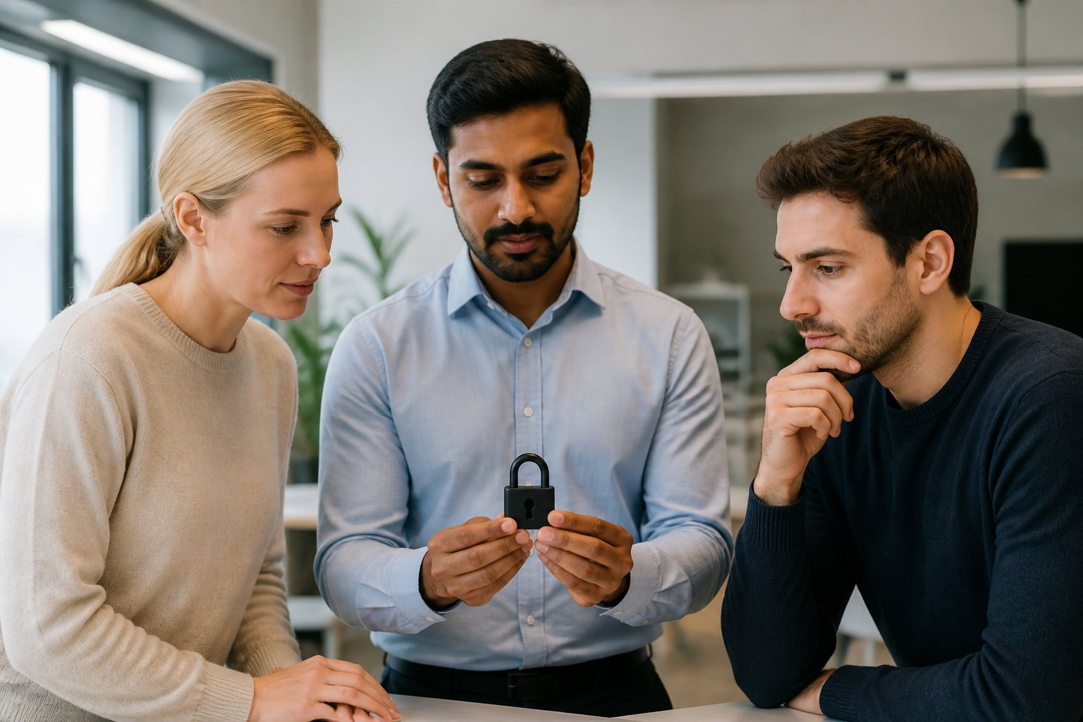 Équipe réunie autour d'un cadenas : sécuriser son usage de l'IA au bureau
