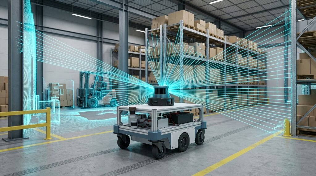 Slam robotique : comprendre les fondements et applications révolutionnaires 1 Robot mobile autonome cartographiant un entrepôt au lidar : la slam robotique en fonctionnement
