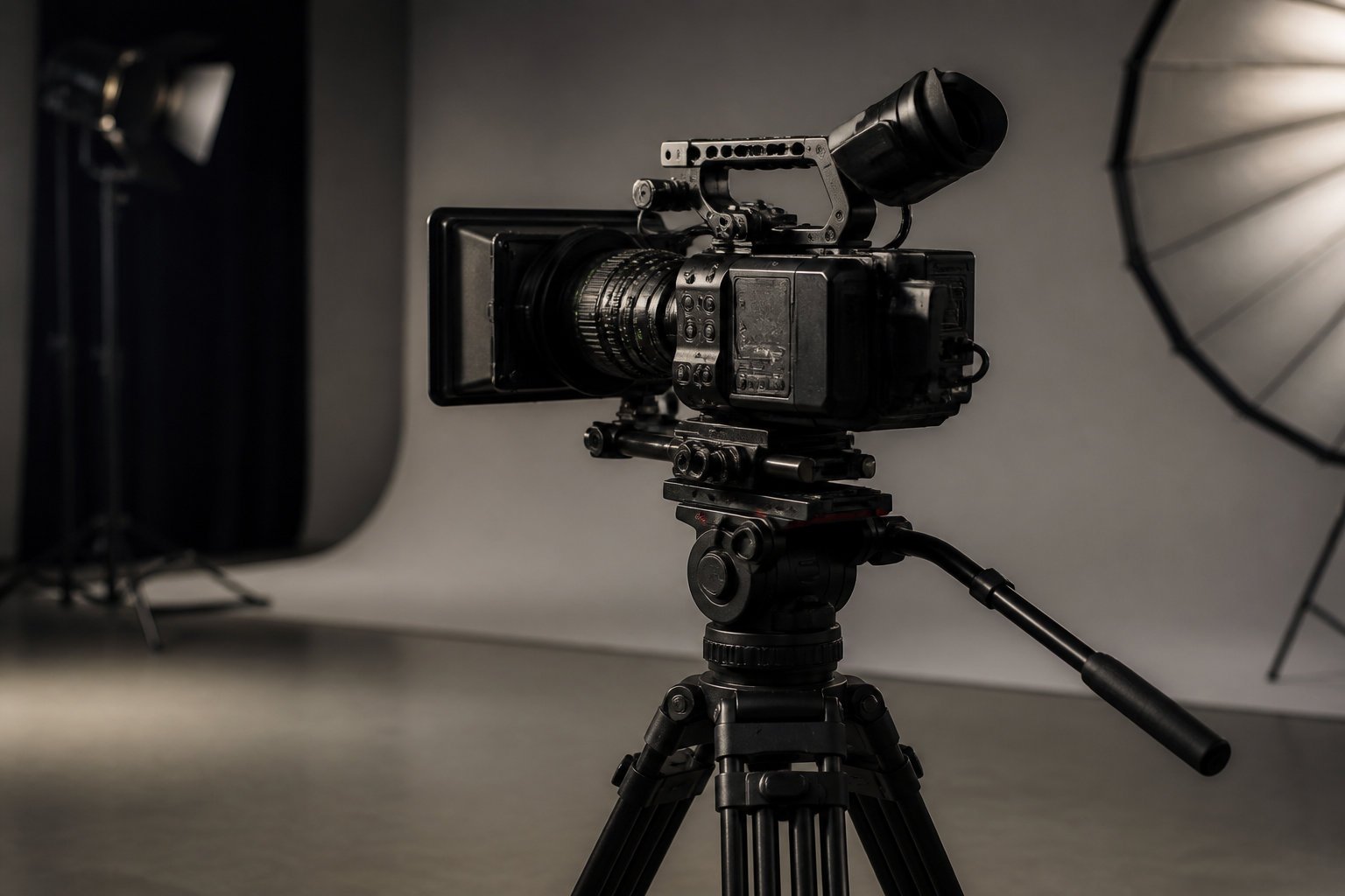 Caméra de cinéma sur trépied en studio, la production vidéo que Sora OpenAI promettait de simplifier