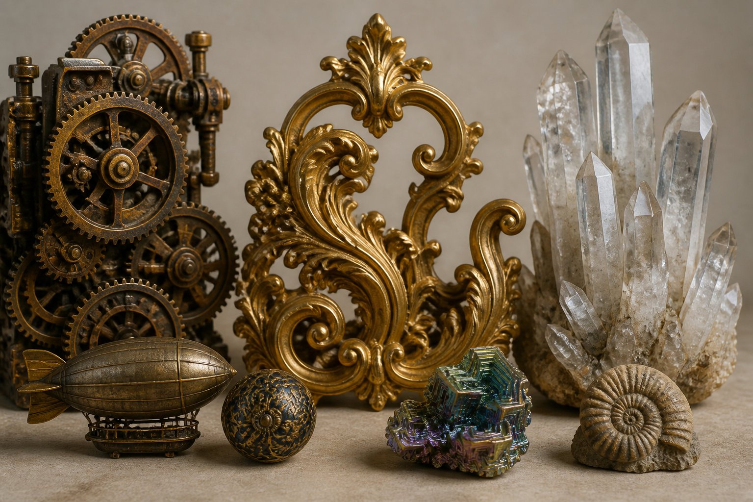 Tutoriel Leonardo AI : maîtriser la génération d'images 3 Elements de Leonardo AI : objets steampunk, baroques et cristallins illustrant les styles disponibles