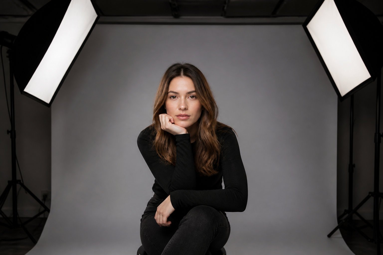 Portrait en studio sur fond gris neutre, la source idéale pour un détourage IA