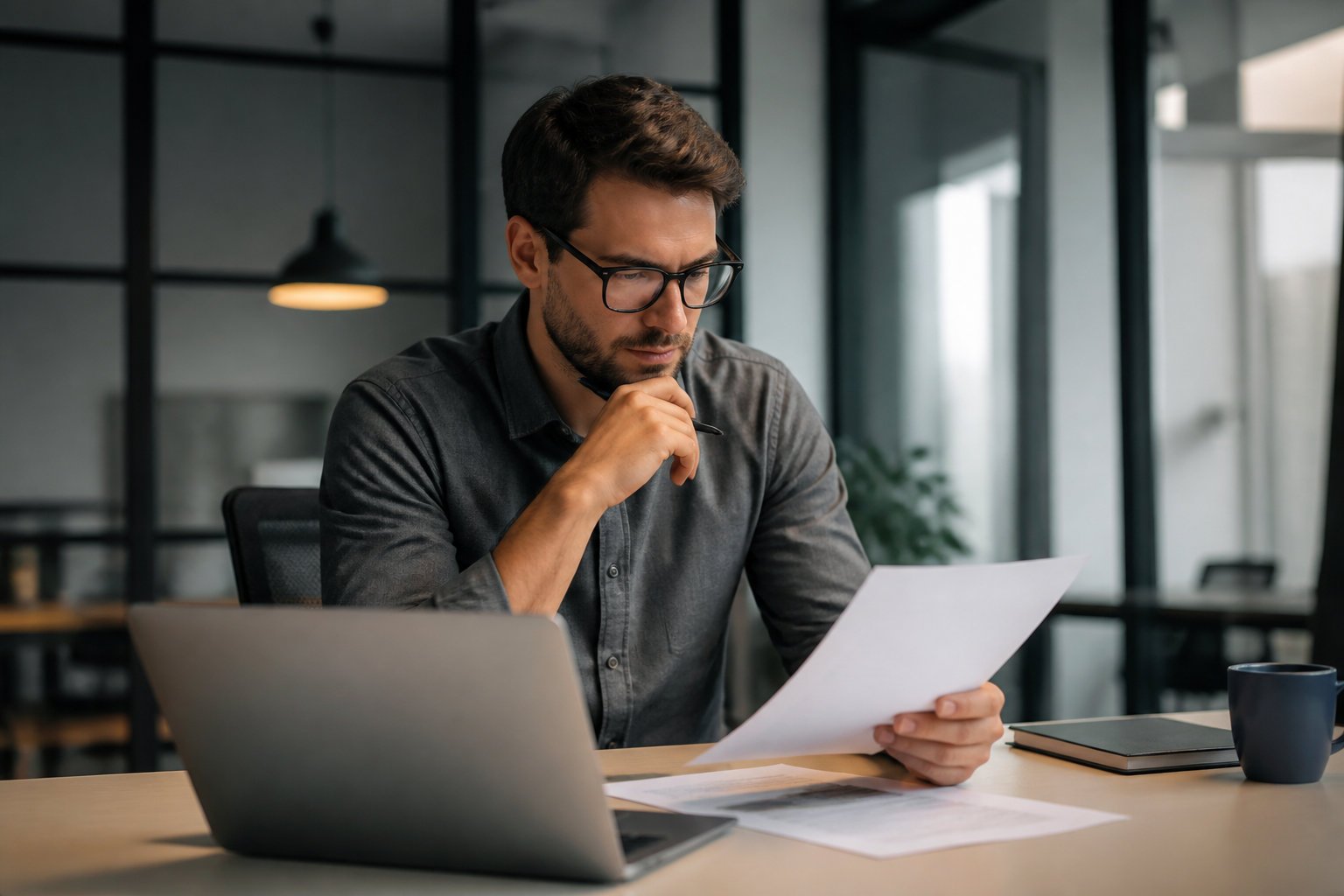 Homme à lunettes devant un ordinateur portable, examinant une feuille imprimée dans un bureau vitré, image d'un créateur qui calcule son budget de crédits