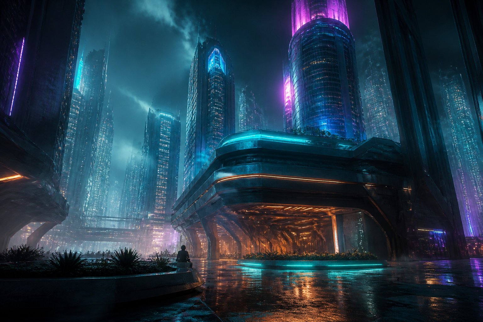 Tutoriel Leonardo AI : maîtriser la génération d'images 2 Ville futuriste sous la pluie générée avec Leonardo AI en ratio 16:9 et éclairage néon