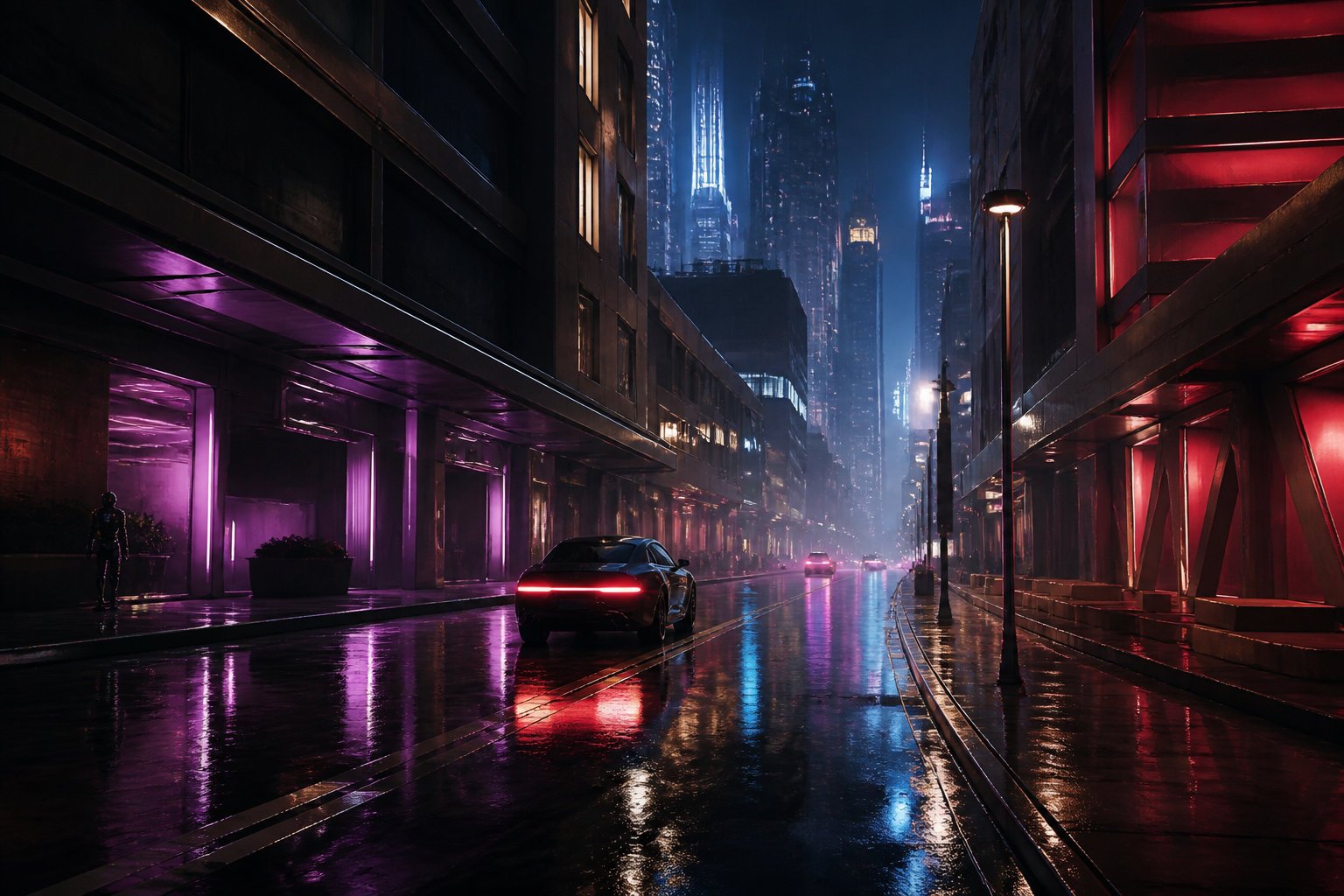 Rue urbaine futuriste sous la pluie, le type de scène que Sora 2 rendait avec un réalisme physique accru