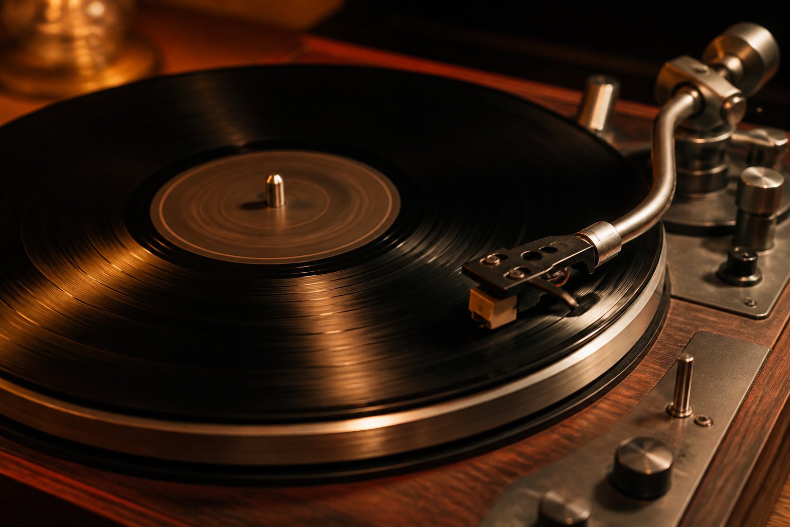 Disque vinyle en rotation sur une platine, pour illustrer la différence entre musique libre de droits et domaine public