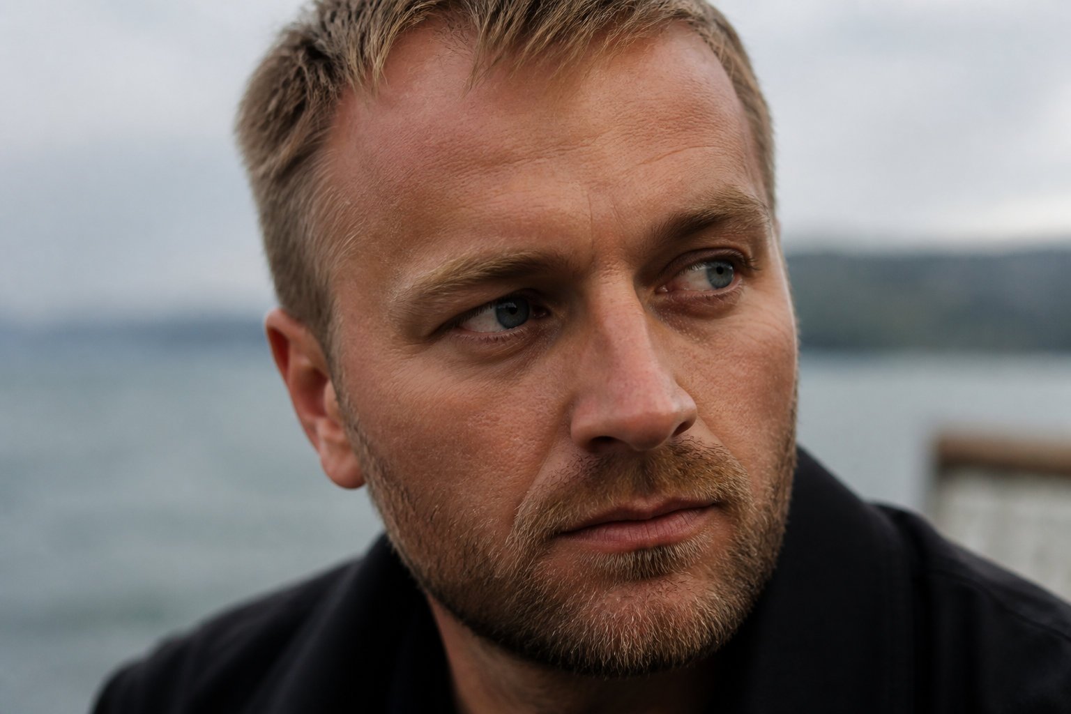 Gros plan sur le visage d'un homme au regard tourné vers le côté, barbe courte et arrière-plan de lac flou, le type de portrait où Runway Gen-3 tenait l'identité du sujet