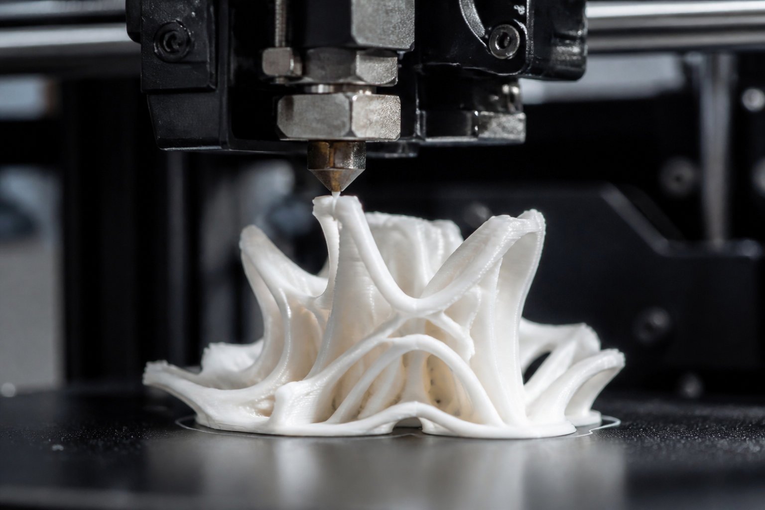 Imprimante 3D déposant une forme organique blanche, couche après couche