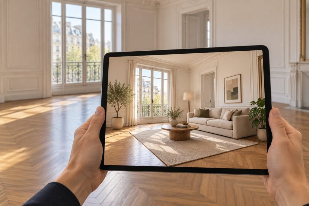 Appartement vide meublé par IA sur l'écran d'une tablette : une retouche soumise à mention obligatoire