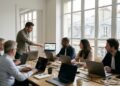 Atelier pratique d'IA en petit groupe autour d'ordinateurs portables, face aux toits de Paris
