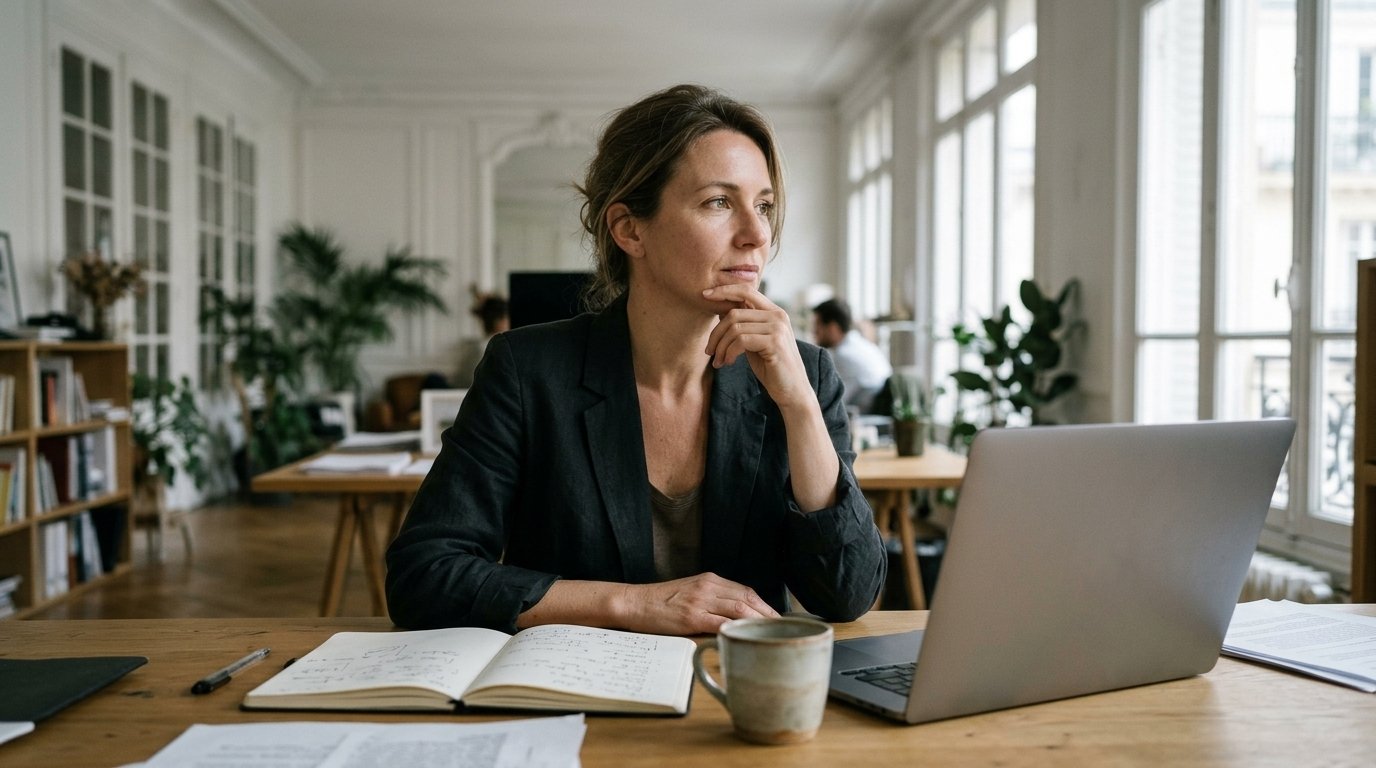 Adresse email professionnelle : responsable commerciale qui réfléchit devant son ordinateur portable avant une campagne de prospection